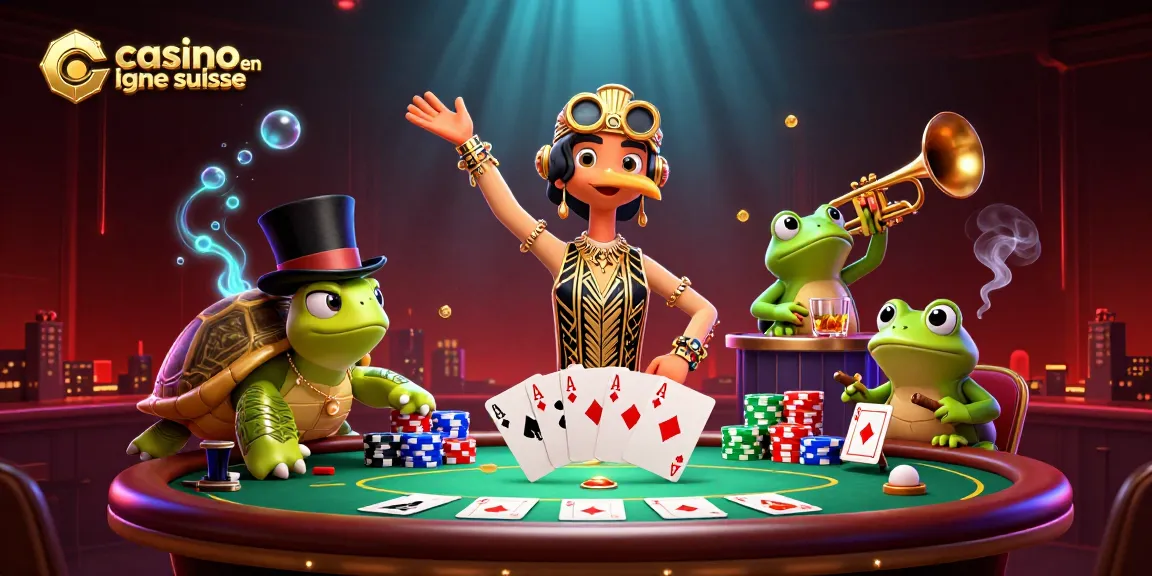 Le casino en ligne suisse offre une scène vibrante avec des personnages animés autour d'une table de poker.