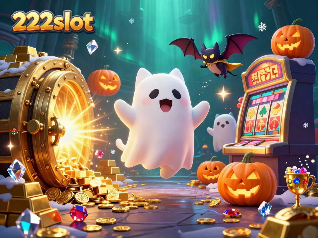 Menghadirkan pengalaman bermain yang menarik di 222slot dengan kucing hantu yang mengapung di kasino berhantu dan karakter bertema Halloween.