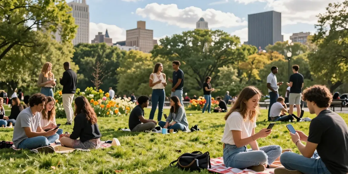 Singles using the HundRoses app in a lively urban park setting, enjoying meaningful connections.