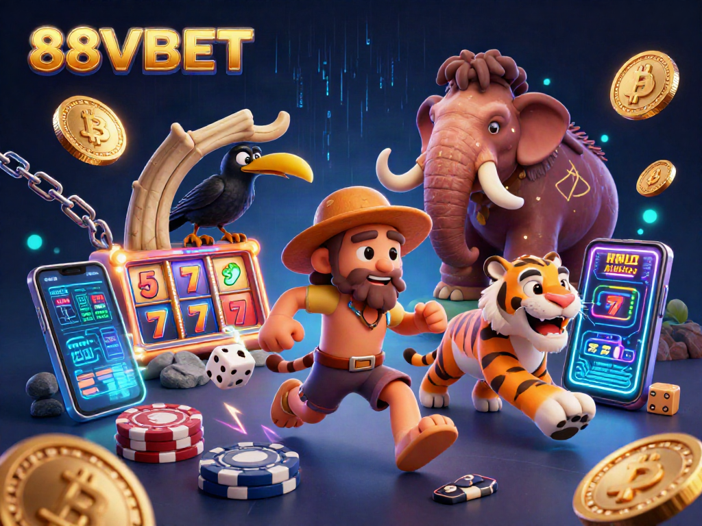 Experience thrilling gaming at 88VBET with a vibrant prehistoric casino scene featuring dynamic characters.