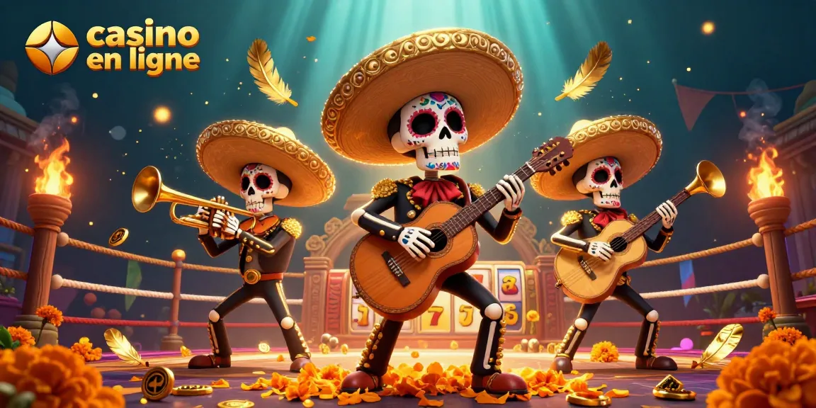 Un groupe musical mariachi de squelettes joue pour un casino en ligne plein de vie avec des jeux de machines à sous.