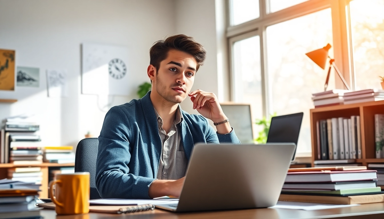 Visual representation of a person considering their ideal career at a desk, showcasing creativity and inspiration.