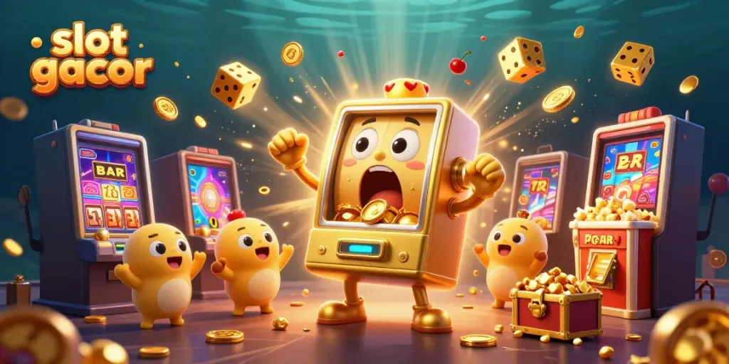 Experience the excitement of slot gacor with a vibrant 3D scene showcasing slot machines hitting jackpots.