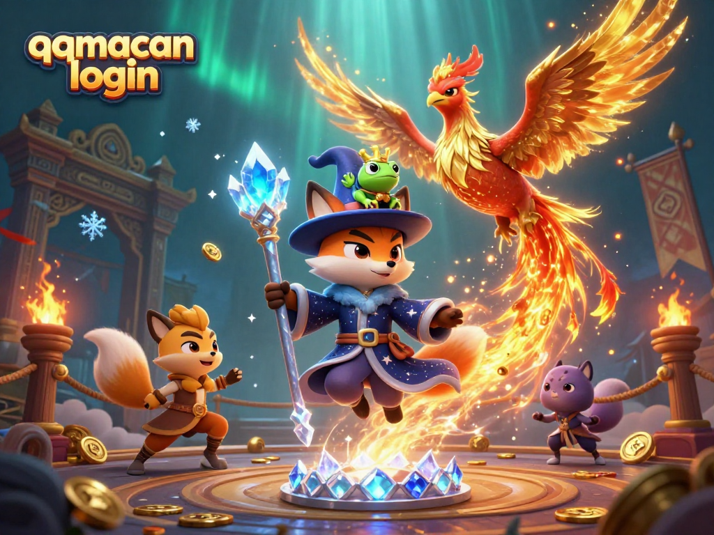 Engage with the exciting world of gambling through the qqmacan login illustrated with vibrant characters and casino elements.