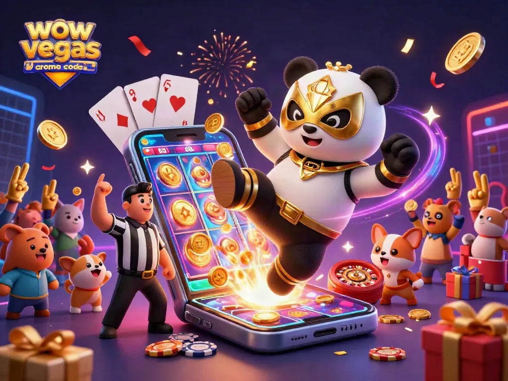 Play exciting games with wow vegas casino promo code, featuring a dynamic 3D wrestling panda kicking!