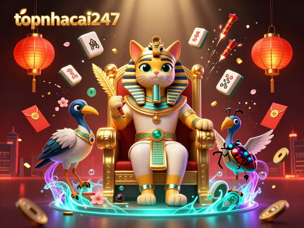 Experience thrilling gameplay at topnhacai247 with a vibrant pharaoh cat gaming scene full of excitement and winning elements.
