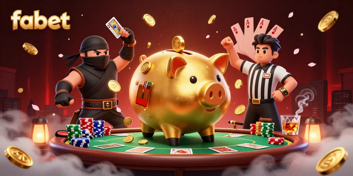 Engage with fabet's dynamic poker showdown featuring a sumo piggy bank, a ninja, and a samurai referee.