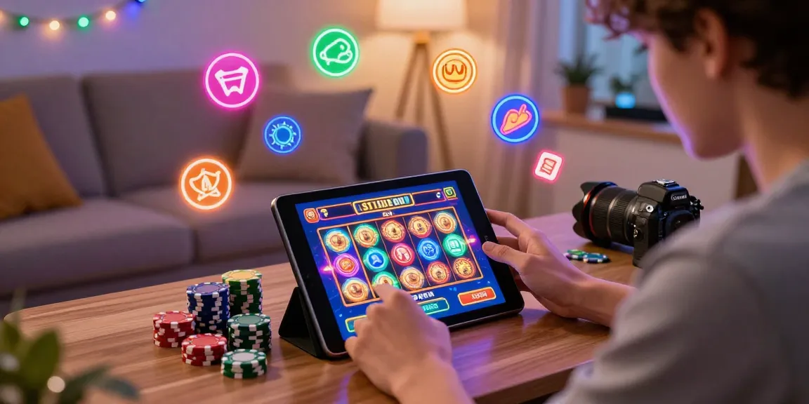 Pengguna bermain situs slot di tablet dengan chip permainan di sekitarnya, suasana penuh energi.