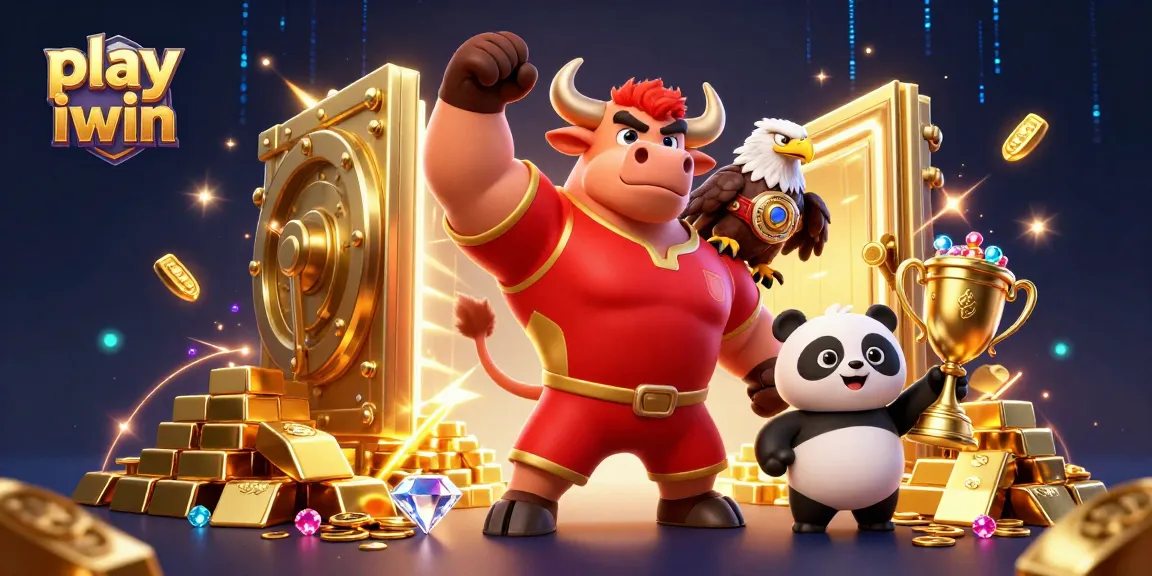Play iwin with thrill as a muscular bull, eagle, and panda celebrate in a gold-rich casino scene.