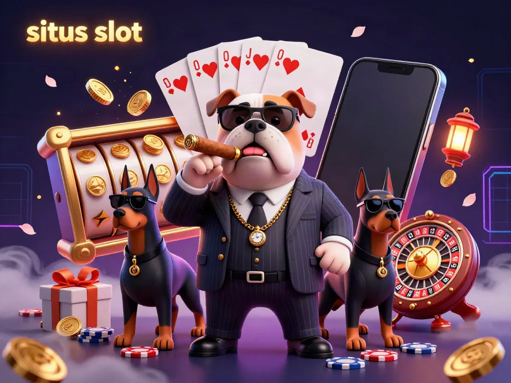 Experience the thrill of situs slot with an engaging illustration of a casino scene featuring a mafia boss and luxury gaming elements.