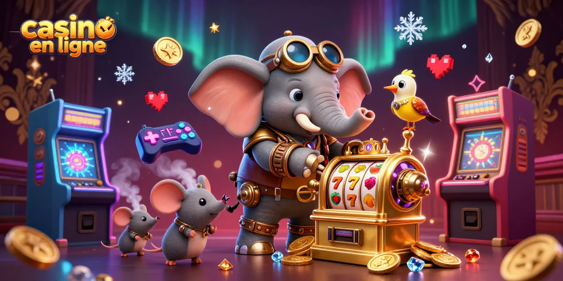 Gagnez au casino en ligne avec cette illustration d'un éléphant ingénieur à vapeur et machines colorées.