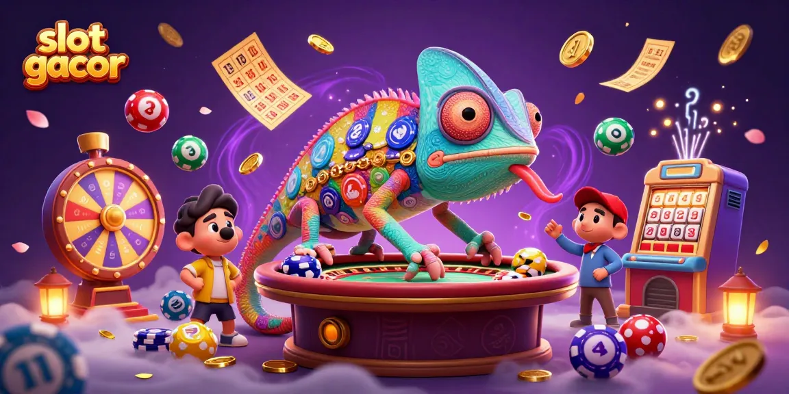 Gambaran eksploratif slot gacor dengan chameleon pemilik kasino yang menyaksikan permainan.