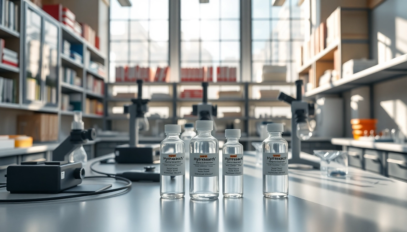 Illustration of hydroresearch peptides in a lab environment indicating research and innovation.