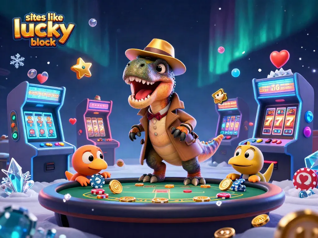 Card counting velociraptor with a golden fedora at a blackjack table in an exciting casino scene featuring sites like lucky block.