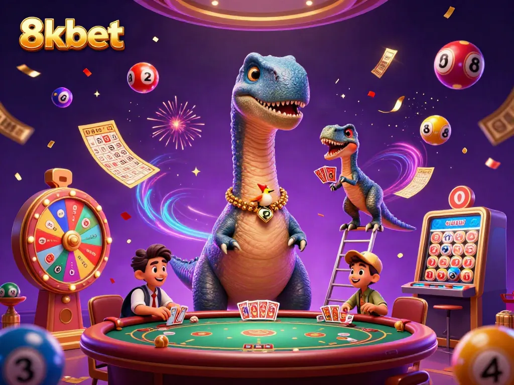 Experience the excitement of 8kbet with a vibrant casino scene featuring a dinosaur dealer and playful lottery elements.