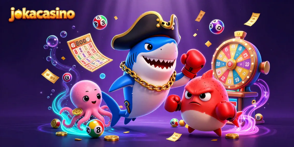Engage with jokacasino's colorful lottery adventure featuring a pirate shark, pufferfish, and octopus.