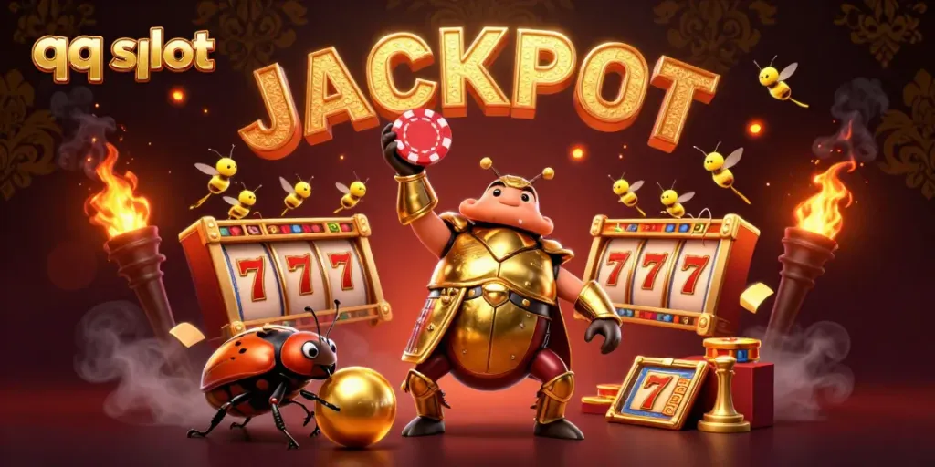 Experience the thrill of qq slot with animated characters celebrating a big win amidst vibrant casino elements.