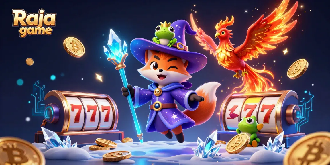 Join the Raja game adventure with exciting slot reels and mystical characters in this vibrant illustration.
