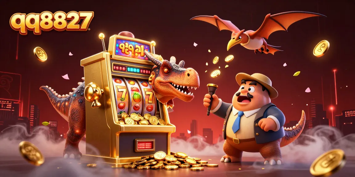 qq8827 showcases a pachycephalosaurus hitting a golden slot machine amidst a vibrant casino scene.
