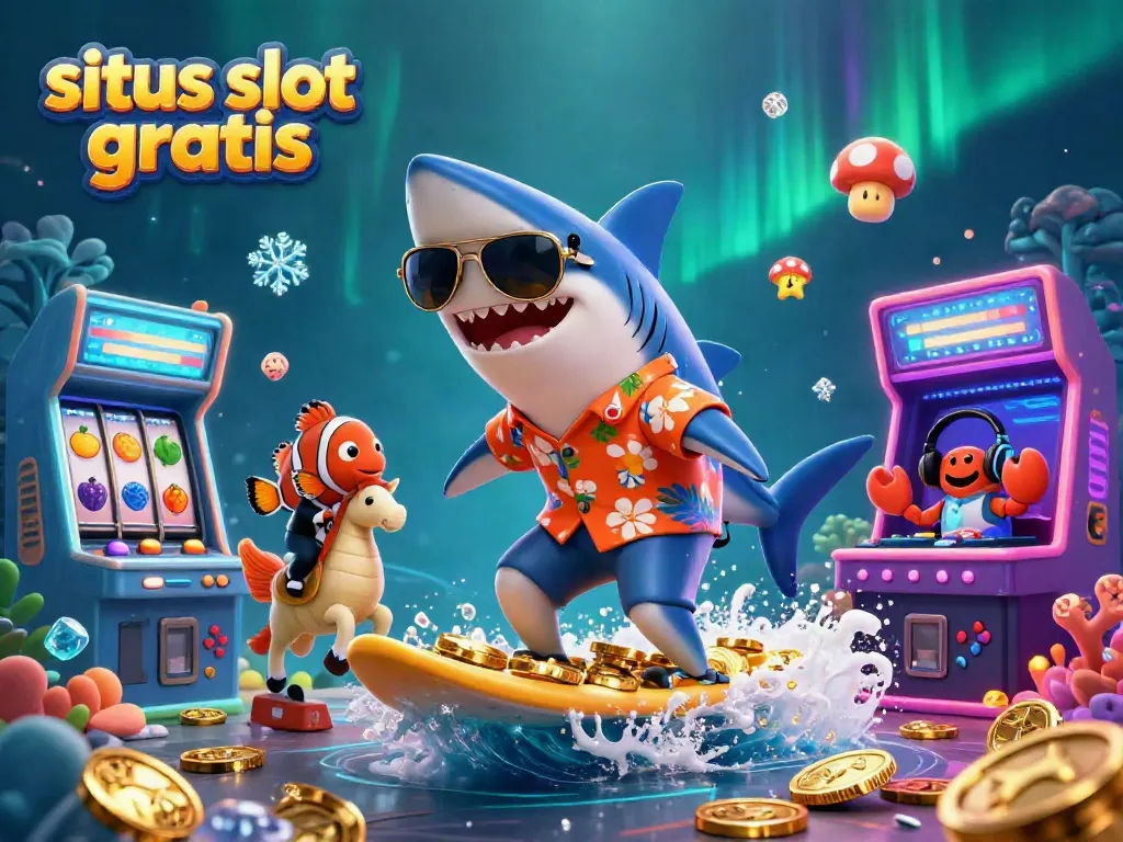 Experience excitement with situs slot gratis as a shark surfs gold coins amidst vibrant slot machines.