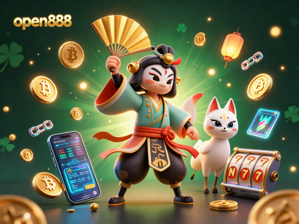 Engage with open888's exciting casino adventure featuring 3D kabuki warrior and crypto elements.
