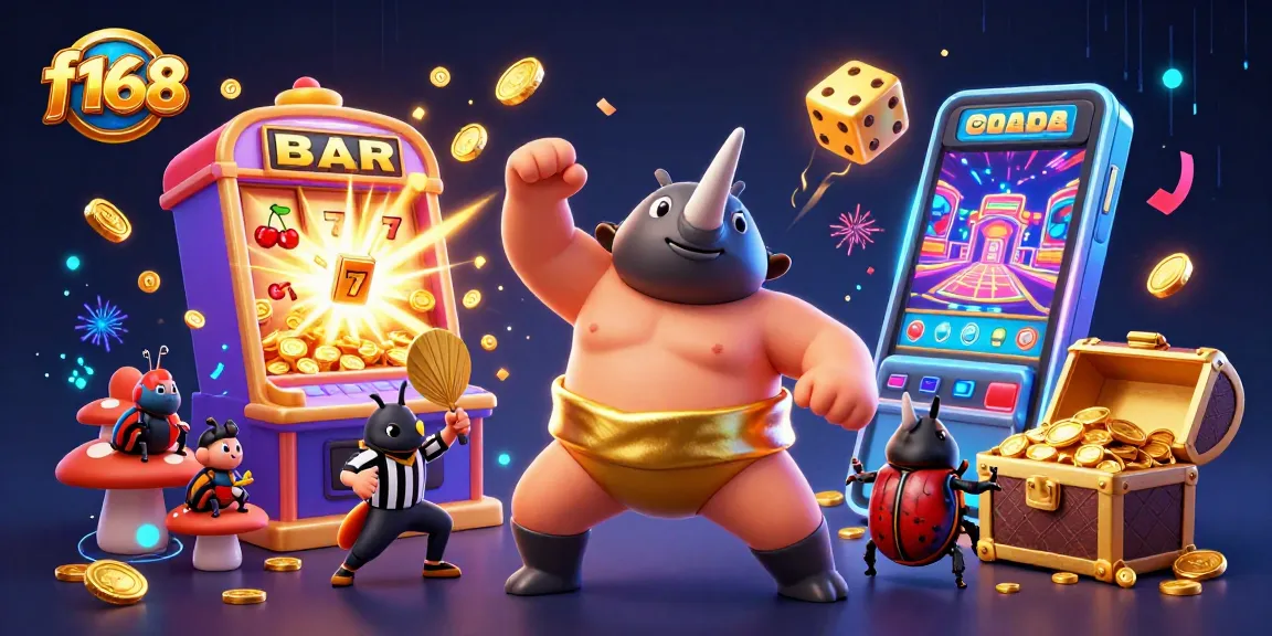 Experience excitement at f168 with a dynamic illustration of a sumo beetle champion amidst flying coins and a vibrant casino.