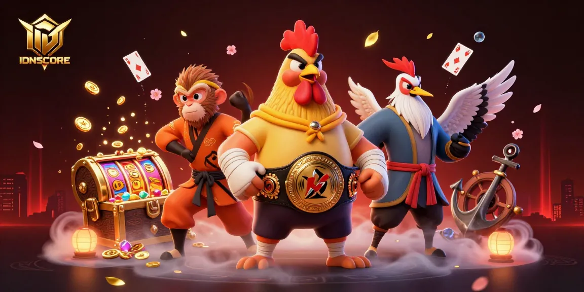 IDNSCORE showcases a vibrant casino scene with a Muay Thai rooster, Shaolin monkey, and crane master amidst slot reels and treasure.