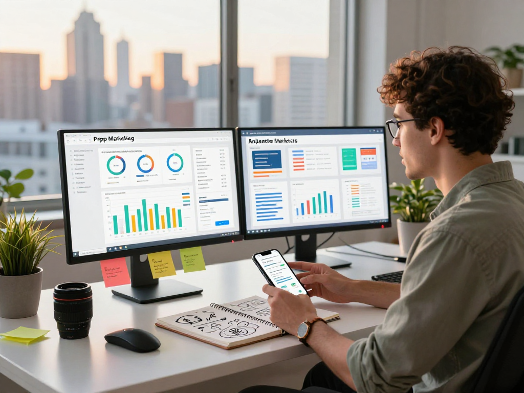 Marketing workspace illustrating strategies to buy app installs with analytics and brainstorming tools.