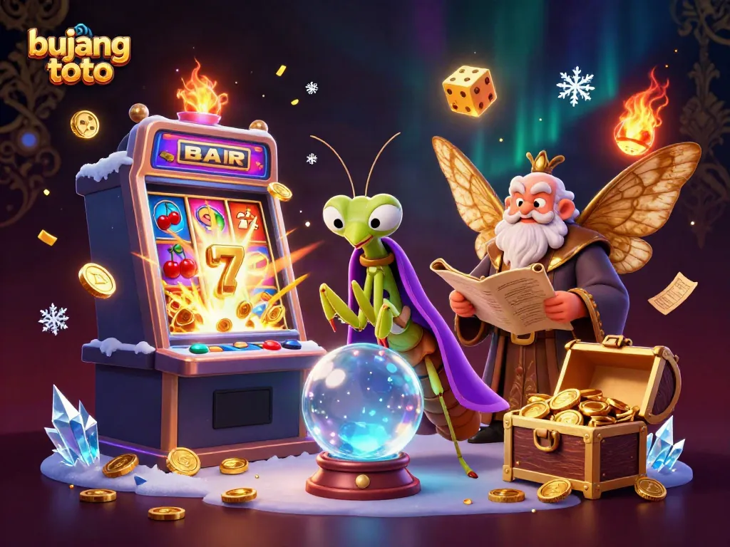 Play on bujang toto; vibrant casino scene with fortune teller and slot machine elements.