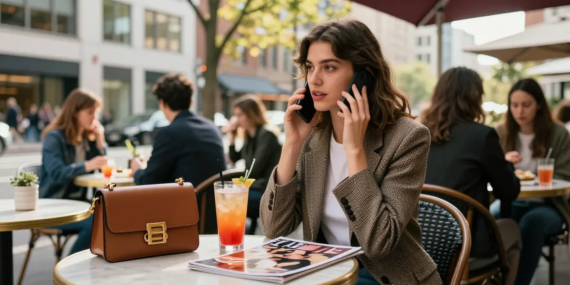 Gái gọi đang trò chuyện trên điện thoại tại quán cà phê ngoài trời với không gian thành phố sống động.