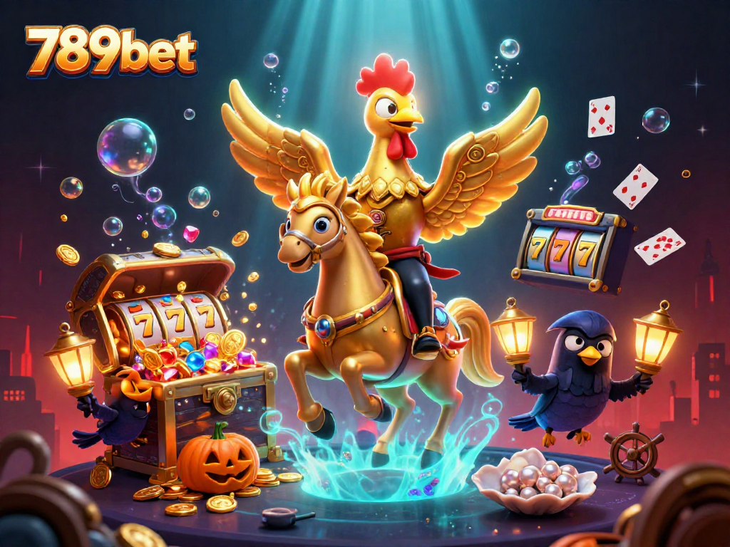Experience thrilling gameplay with 789bet as the golden rooster rides the spectral horse in a vibrant casino.