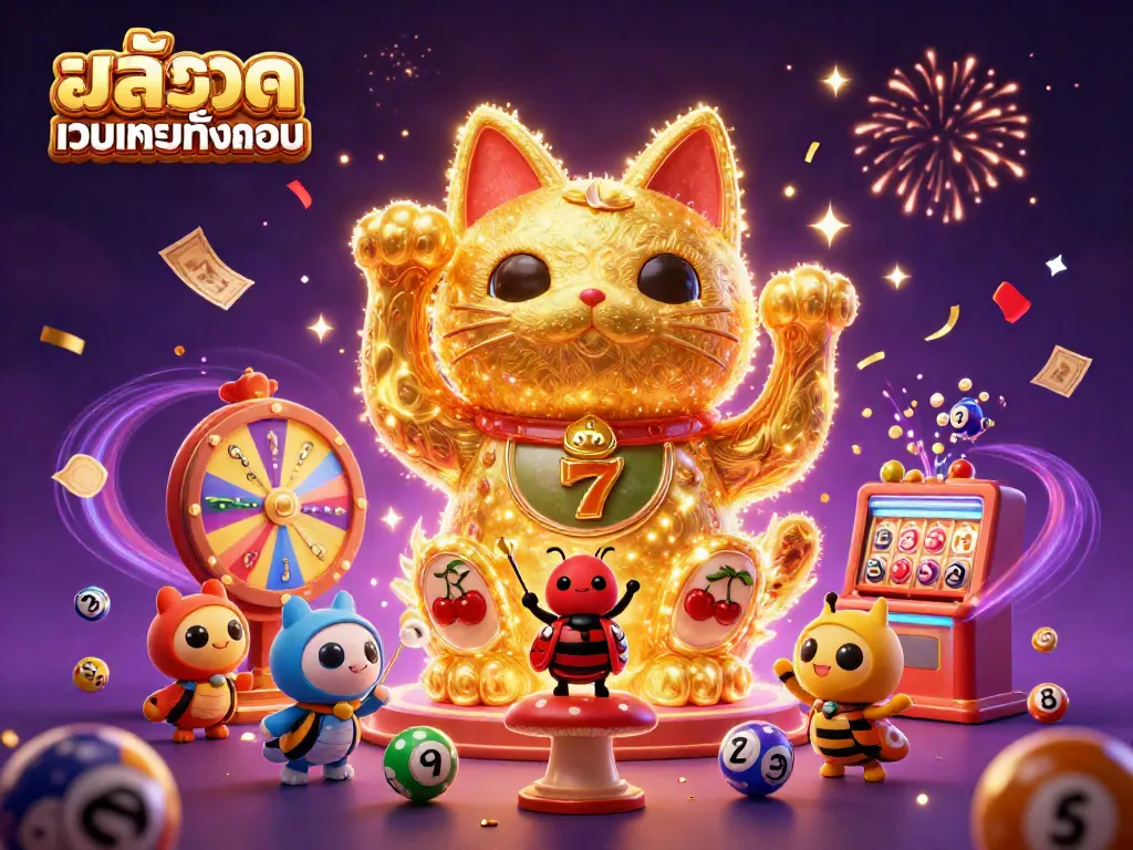Engage with สล็อตเว็บตรงทั้งหมด as golden fireflies create a magical casino scene with vibrant lottery elements.