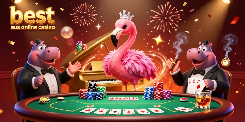 Playing at the best aus online casino with vibrant characters and casino elements creating an exciting scene.