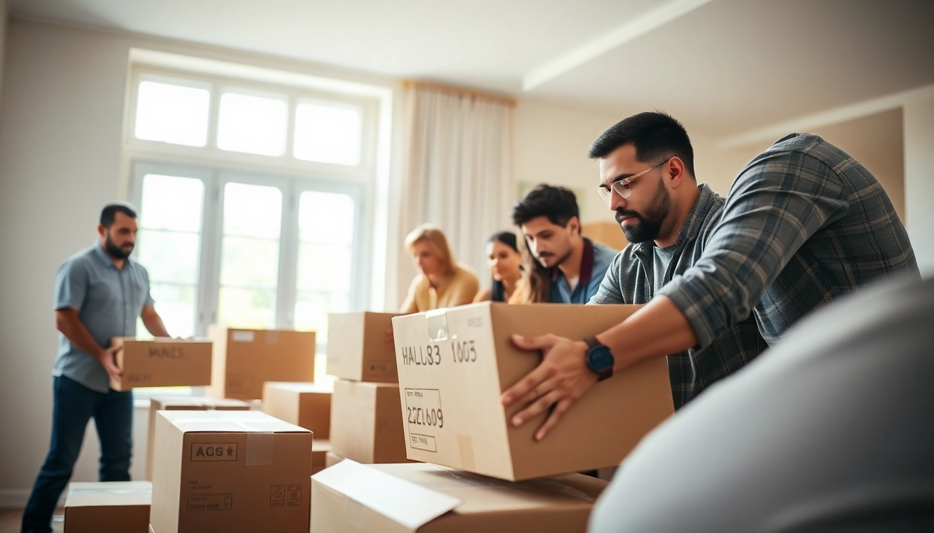 Efficient team of movers from the residential moving company bluffton carefully handling boxes in a well-lit home.