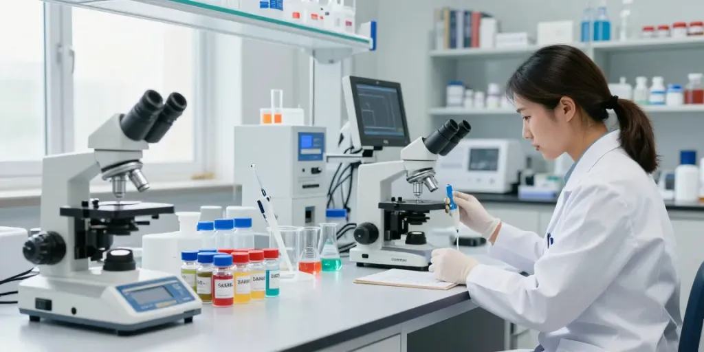 Researcher at SwissChems lab testing peptides and SARMs with high-tech equipment.