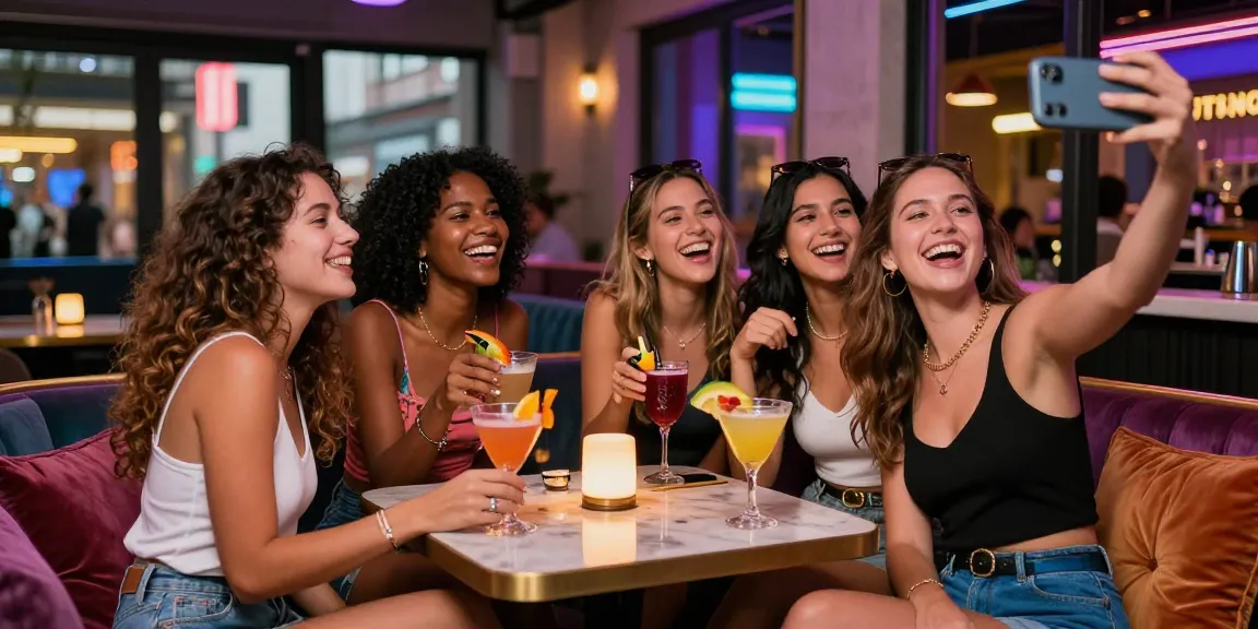 Nhóm gái gọi đang tận hưởng buổi tối vui vẻ tại quán bar thời thượng với ánh đèn neon và thức uống tươi mát.