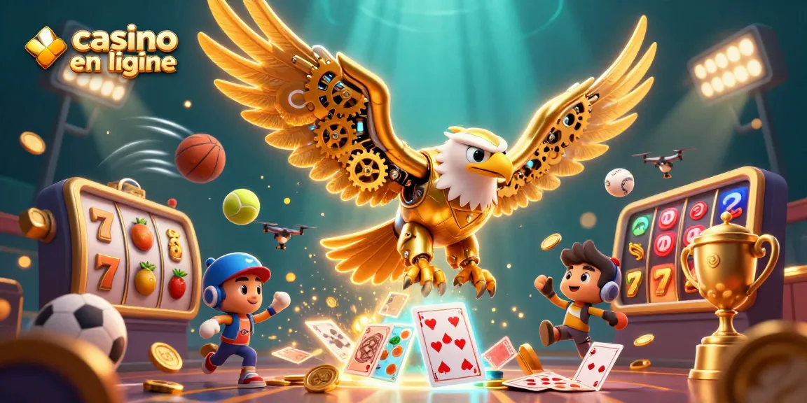 Volez avec l'aigle cybernétique dans un casino en ligne vibrant rempli de jeux et de gains.