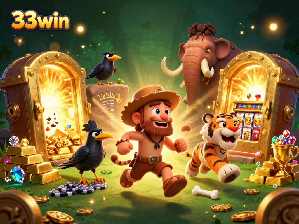 Experience the excitement of 33win in a vibrant prehistoric casino setting with rich details and gambling elements.