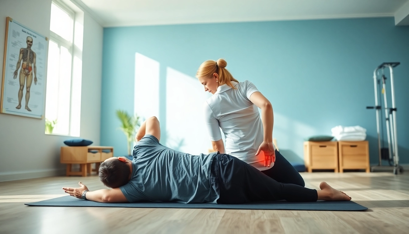 Illustration of low back pain causes with a physical therapist assisting a patient in a clinic.