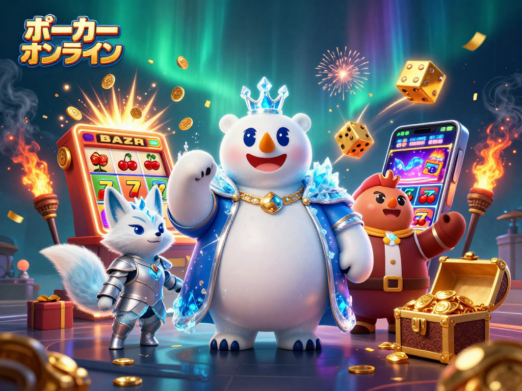 ポーカーオンラインで楽しむための3Dキャラクターと魅力的な要素が描かれたイラスト
