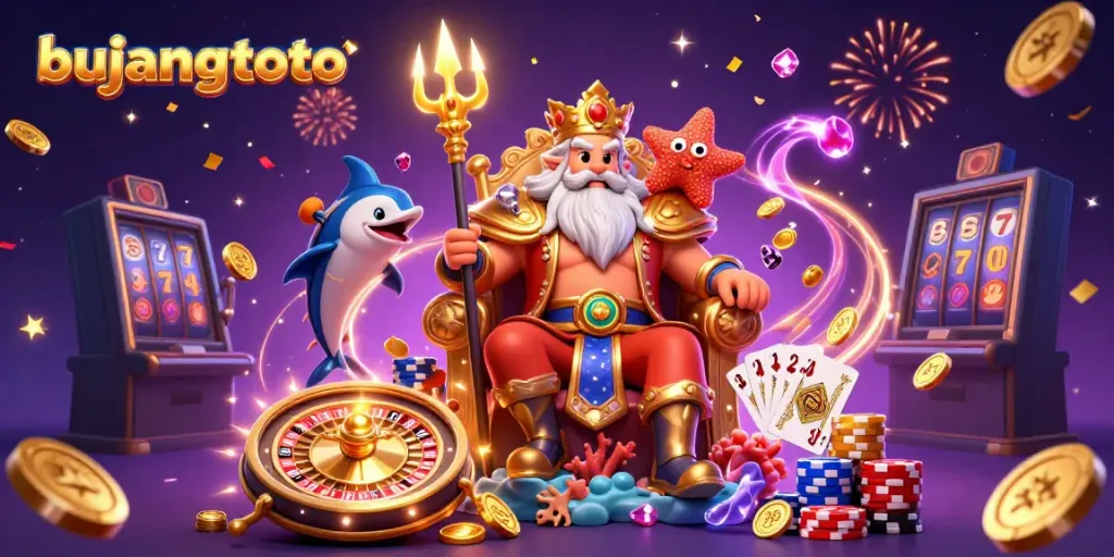 Experience winning at bujangtoto with a vibrant scene showcasing Neptune and exciting casino elements.