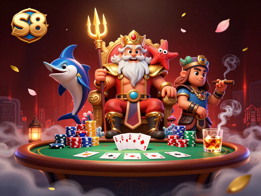 S8 introduces thrilling poker adventures with Neptune and samurai, featuring colorful chips and cards.