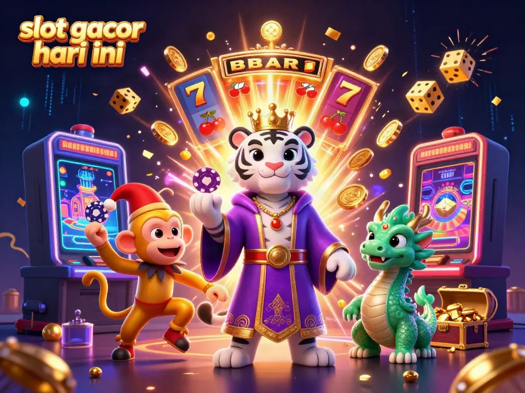 Experience the thrill of slot gacor hari ini with a vibrant 3D casino scene featuring iconic symbols and playful characters.