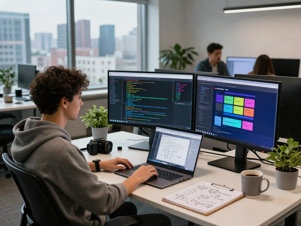 Ambiente de trabajo de desarrollo de software con Immediate Edge y programador trabajando en múltiples monitores.