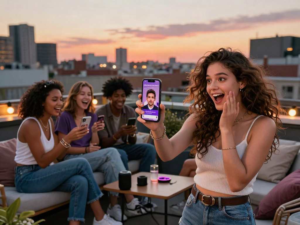 Friends joyfully discovering their celebrity look alike matches on a rooftop during sunset.