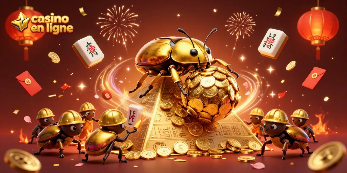 Visualisez un casino en ligne animé avec un scarabée d'or et des symboles de chance flottants.