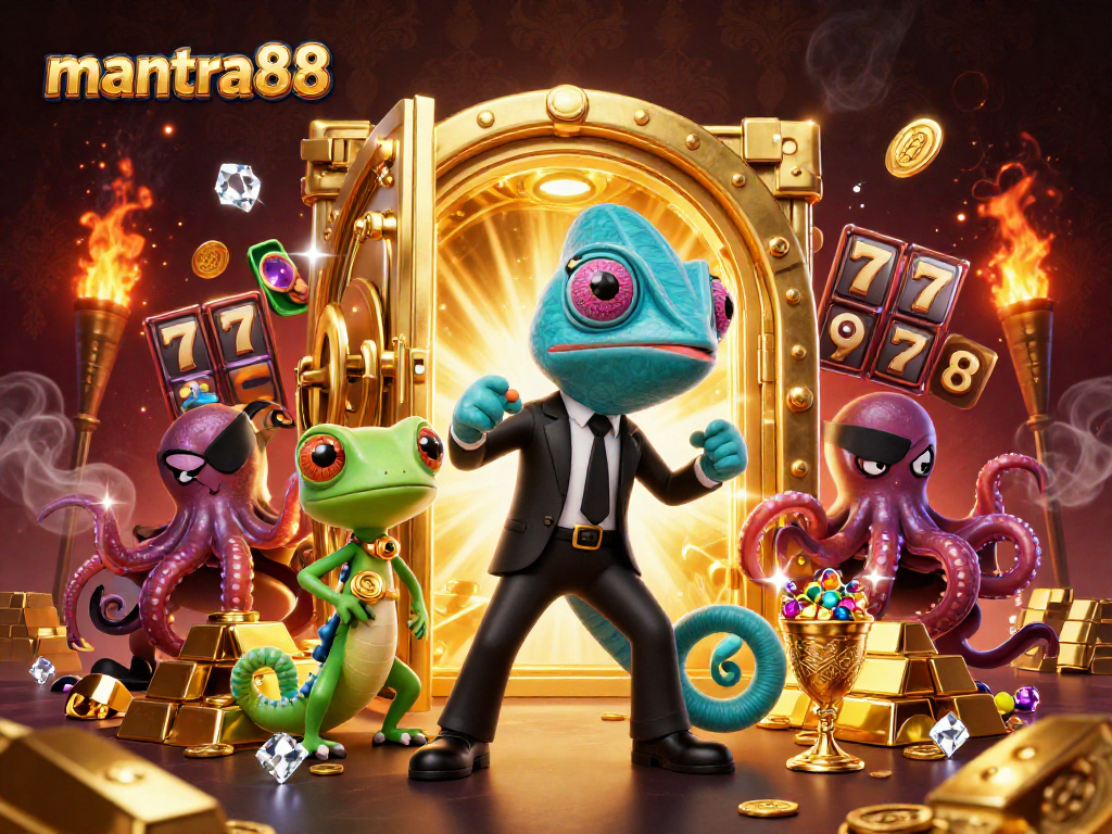 Experience thrilling wins at mantra88 with slot reels and dynamic gold treasures in an exciting casino scene.