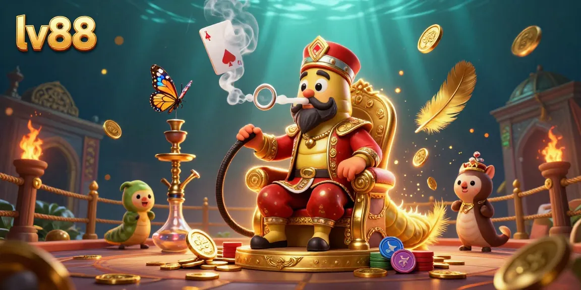 lv88 offers vibrant gaming experiences with a captivating 3D casino scene highlighting poker hand symbols and gold coins.