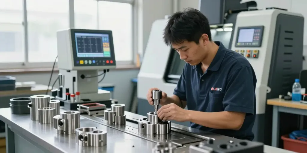 Machined stainless steel parts being crafted by a professional machinist in a modern workshop.