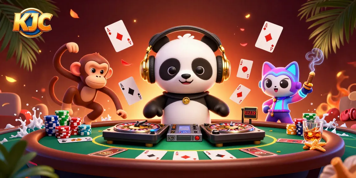 KJC brings excitement alive with a DJ panda, and dancing characters in a vibrant casino atmosphere.